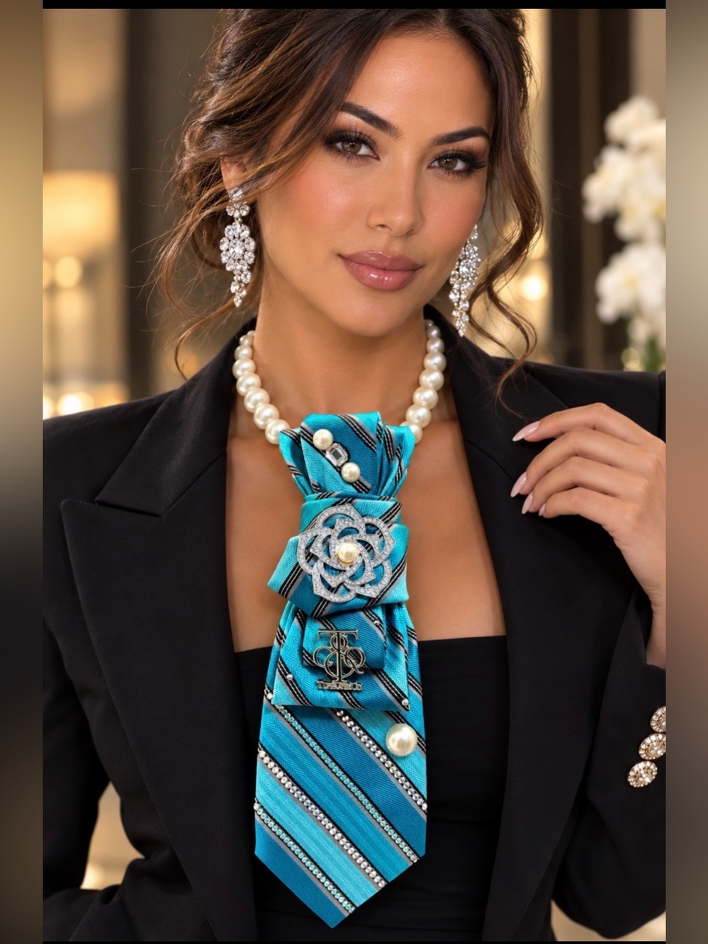 Turquoise Striped Women’s Statement Tie Necklace with Pearls & Decorative Brooch - Picture 2 of 6